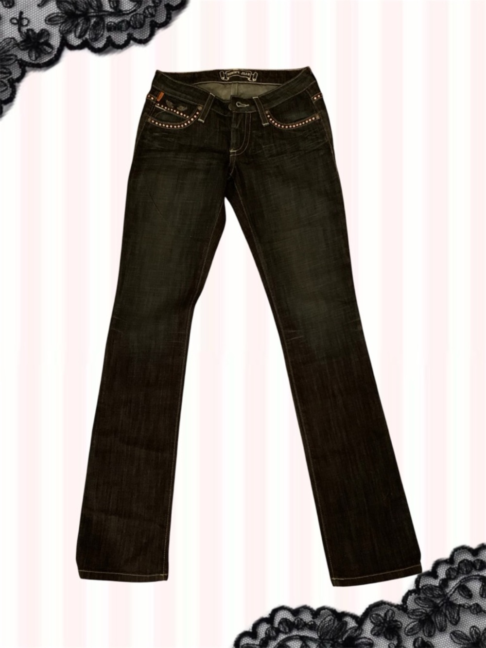 Robin’s Jean Dark Wash Women's Bootcut Jeans with Silver Wing/ Pink Stud Detail